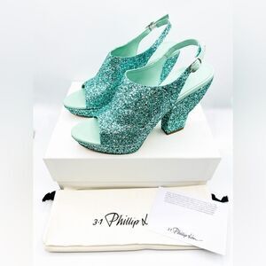 NWT 3.1 Phillip Lim Salma Glitter Platform Leather Sandals in Mint Blue 9.5 39.5